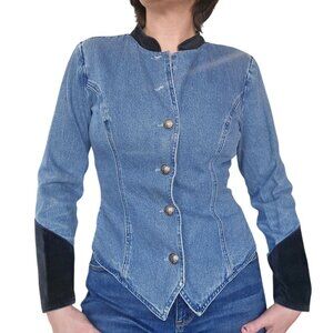 Vintage 1990s Stonebridge Western Denim Fitted Shirt Suede Trim Women's Size 10